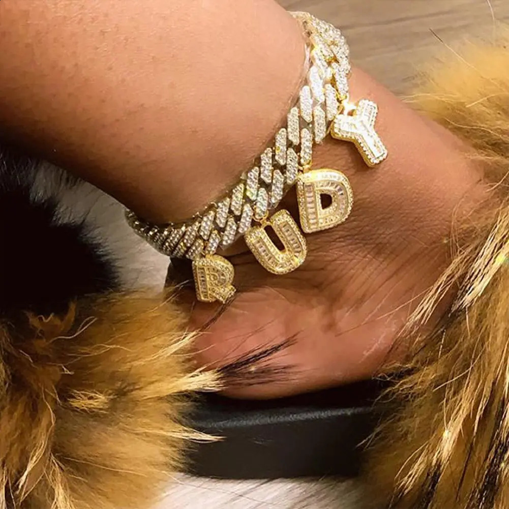 Hip Hop DIY Name Miami Cuban Link Chain Letter Anklet for Women All Diamond Baguette Alphabe Ankle Bracelet Birthday Jewelry 240812