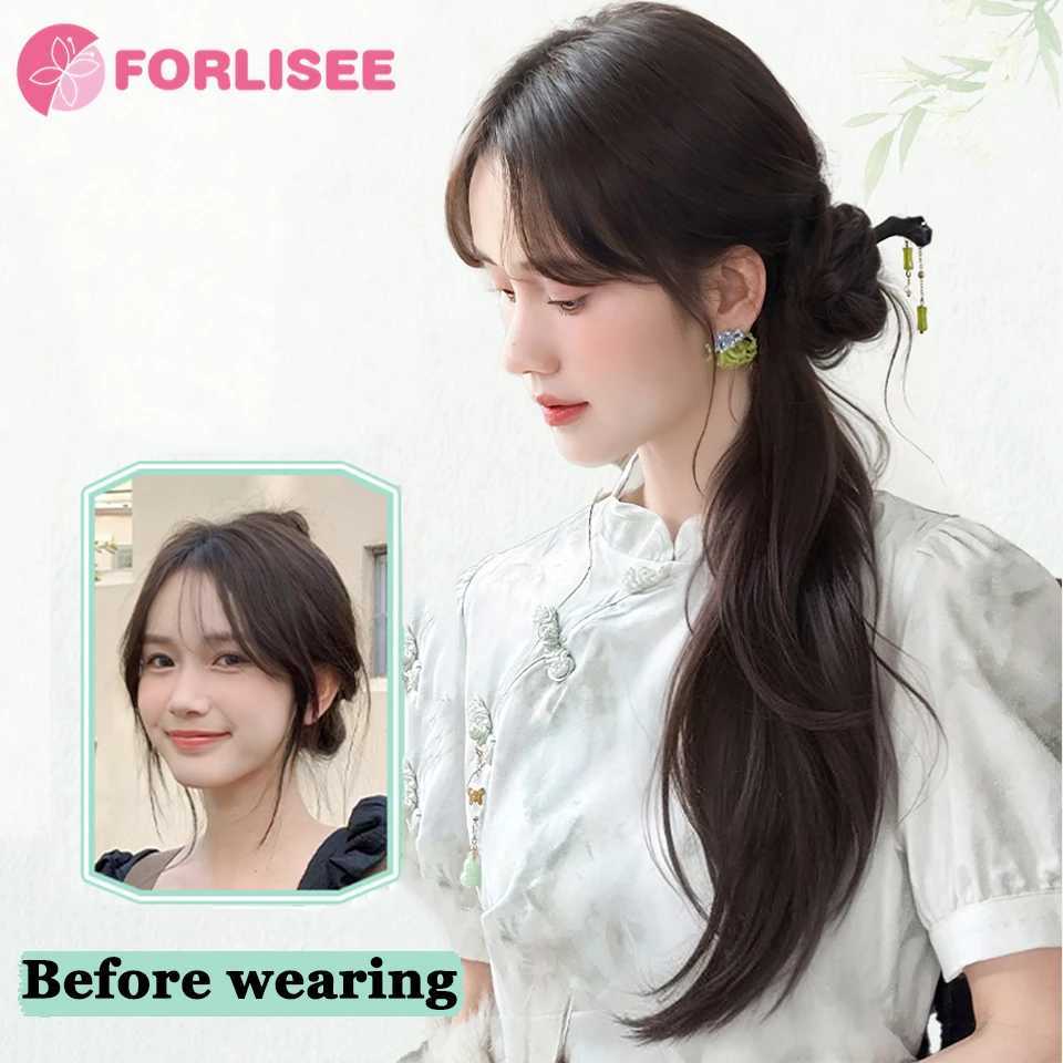 Forlisee synthetic wig ponytail womens ancient Chinese style high ponytail wig claw clip braided hair slightly curled ponytail W240817