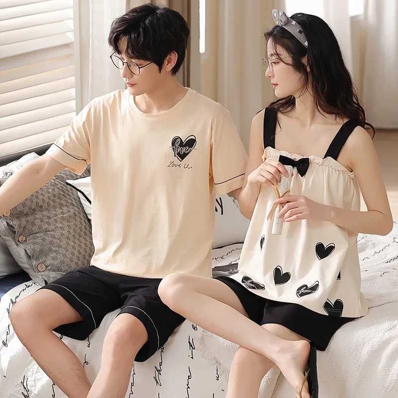 Summer sleepwear mens knitted cotton sleepwear set Korean sweet sleepwear womens sexy sleepwear family clothingW240719