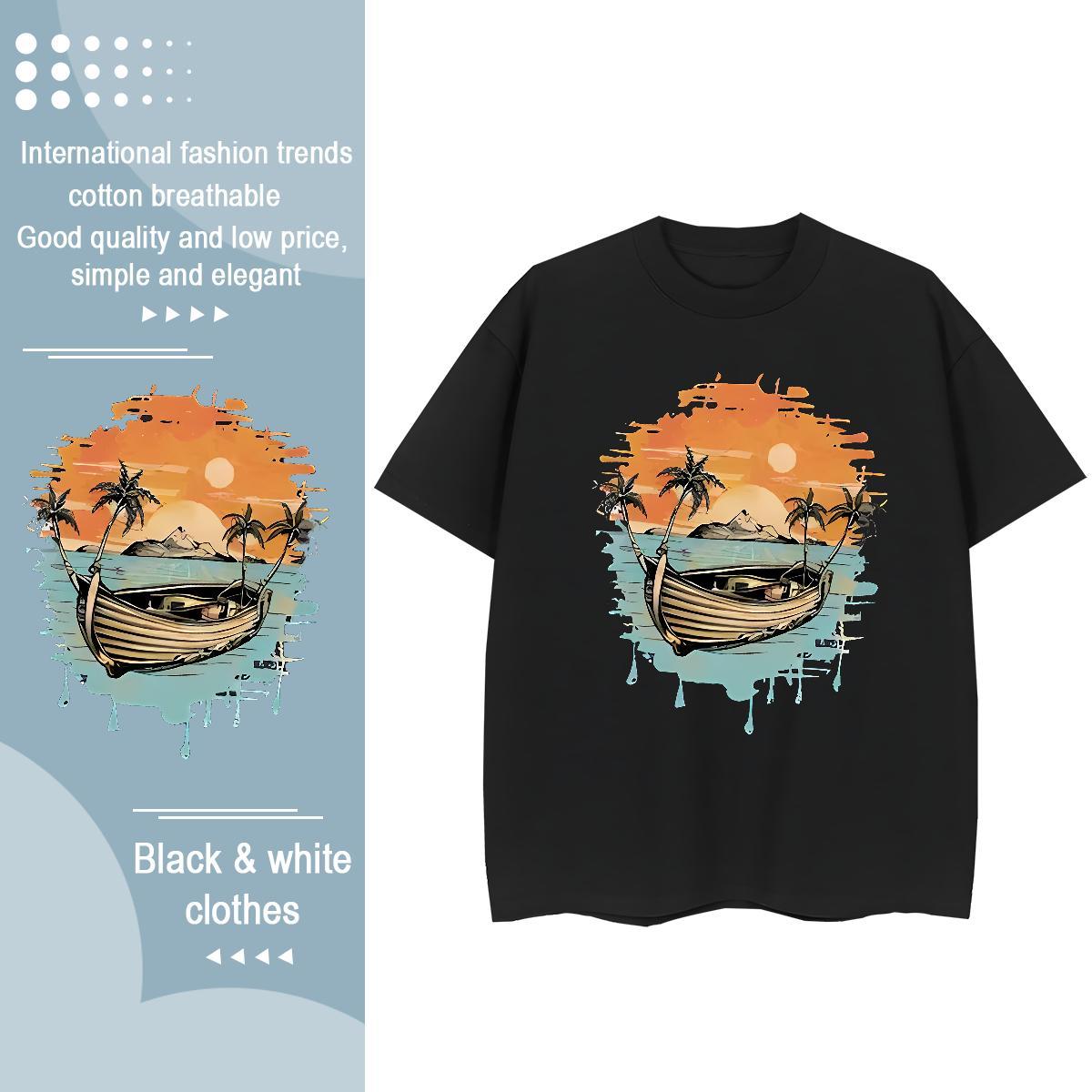 New Mens Tshirts boat Daily Outfit 230g 100% Cotton Tees Breathable Short Sleeve Popular T-Shirts Black Oversized