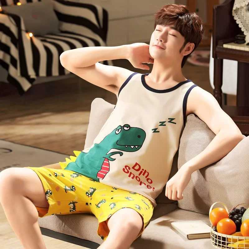 Mens summer cotton vest sleeveless short sleeved pajamas thin home clothes plus size cotton pajamas set 2024W240719