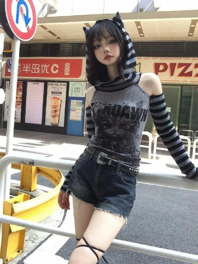 Japanese striped patch work hoodie womens Gothic retro cat print hollow weight loss pulley Harajuku style dark punk top 240819