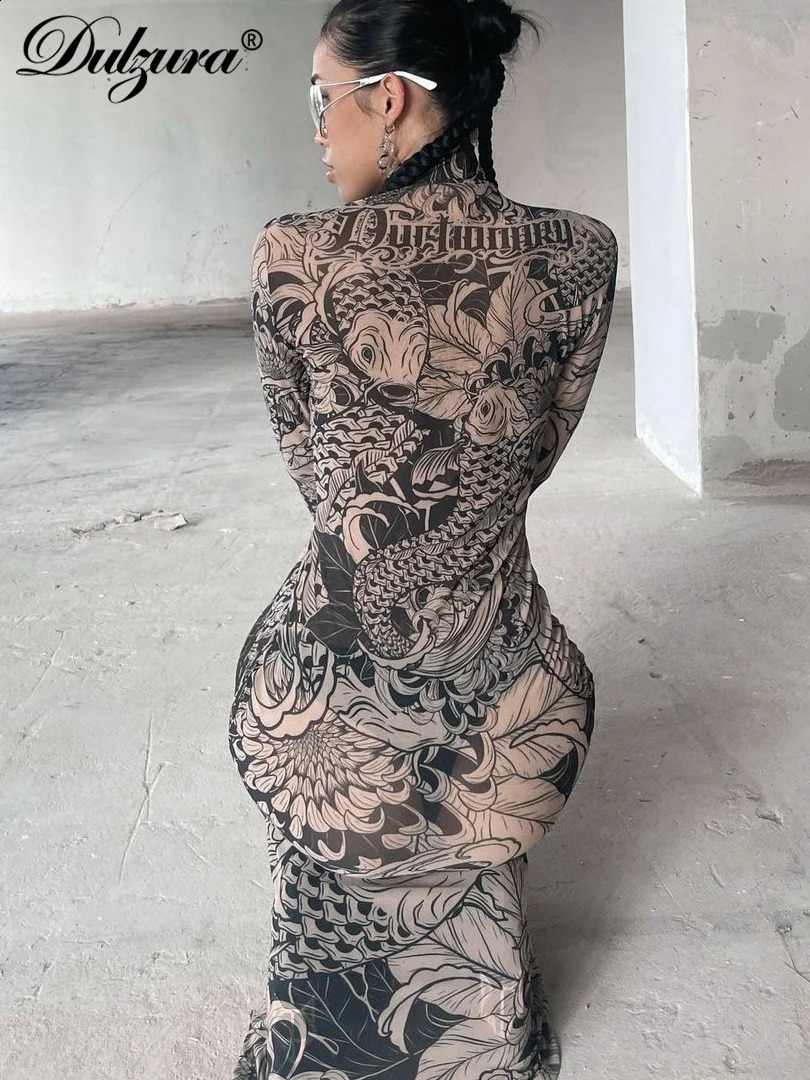 Dulzura Mesh Print Flower Long Sleeve Half Turtleneck Maxi Dress Summer Spring For Women Sexy Y2K Birthday Elegant Clubwear 240819