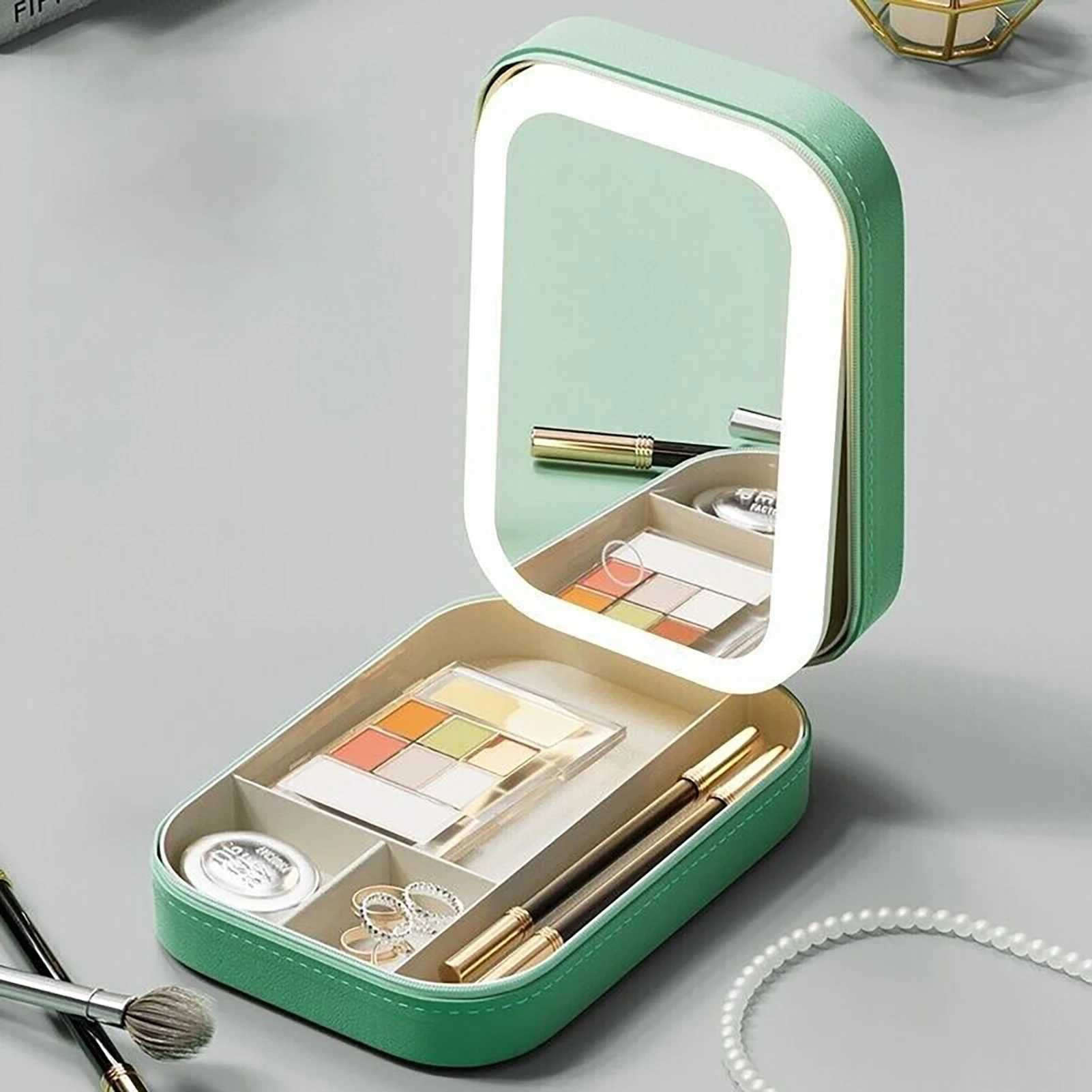 Makeup Mirror With Light usb charging Cosmetic Bag LED Mirror Travel Makeup Storage Bag case Travel make up Organizer Y240819