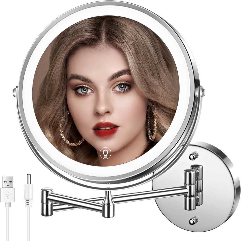 Wall Mounted Lighted Makeup Mirror 8 Rechargeable Double-Sided Magnifying Mirror 1x/10x 3 Colors Led Touch Dimmable Y240819