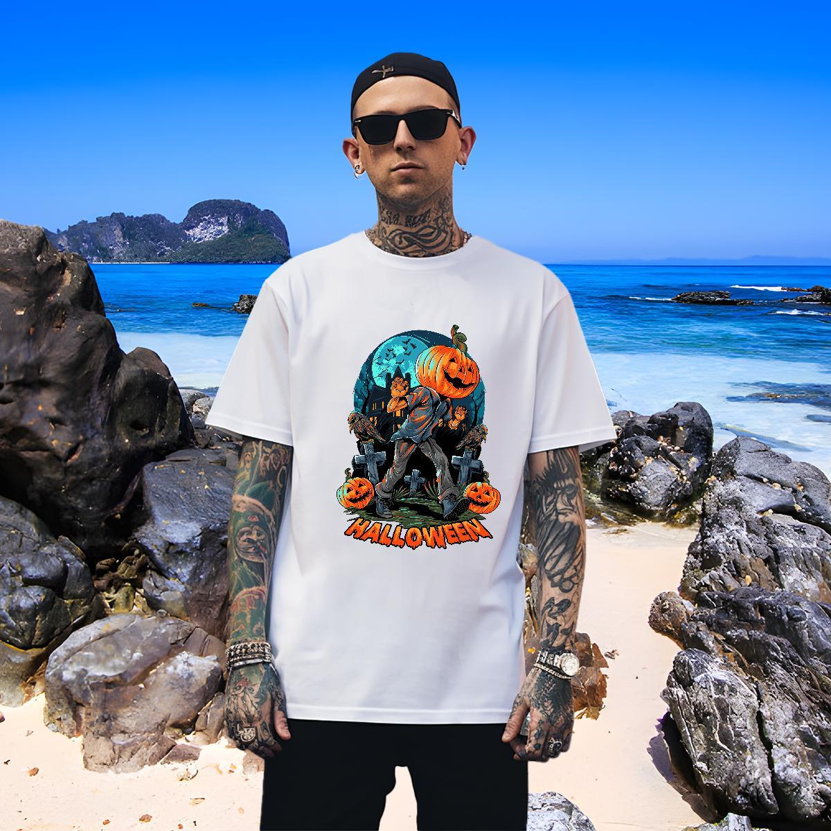 Loose Fit T-Shirts pumpkin Short Sleeve O-Neck Anime Printing Street Custom Printed 100% Cotton 230g Men Clothes T-Shirt Fashion Top Tees