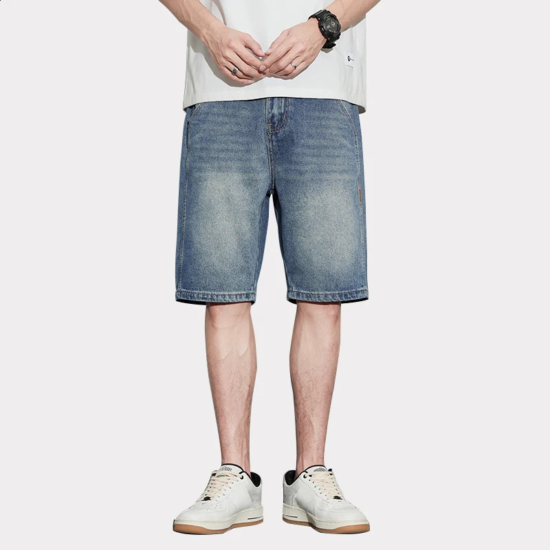 Mens summer shorts denim tight straight blue knee length jeans mens streetwear casual pants 240819