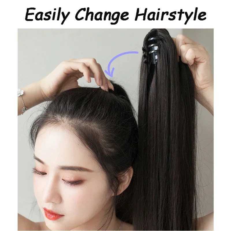 Wigsin synthetic long straight ponytail claw clip hair extension smooth black brown female wig W240817
