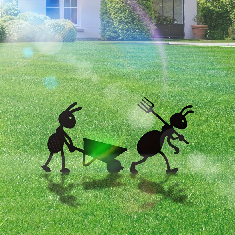Garden decoration interesting work farm ants garden stake decoration with fork and wheelbarrow, black metal 2 pieces ants