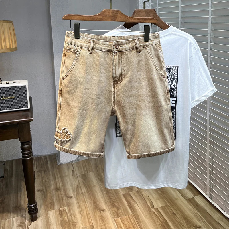 Retro jeans mens shorts yellow mud street fashion Bermuda pants straight loose applique denim 240819