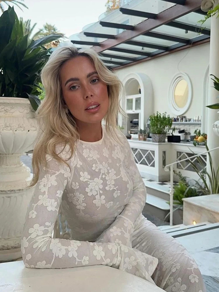 Sexy Knitted Print Maxi White Dress Women Backless Long Flare Sleeve O-neck Slim Party Dresses Female Summer Club Robes 240819