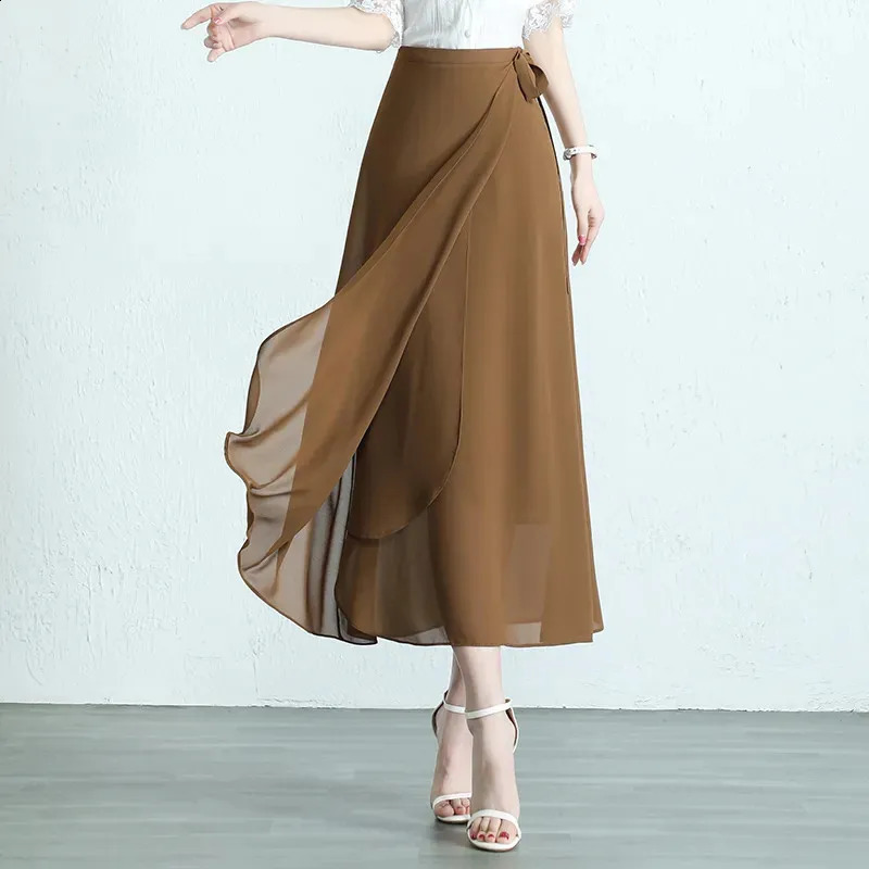Summer Mid-Long Chiffon Skirt Women 2024 Fashion Loose Thin Culottes Black Elegant Skirts High-Waisted Lace-up Skirt Female 240820