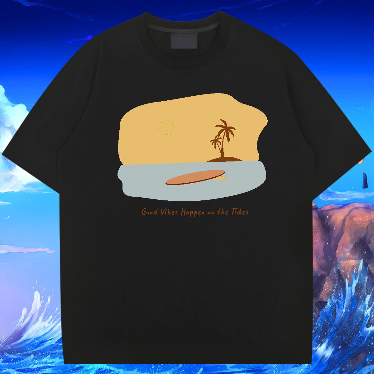 Unisex Tshirts Beach 230g Pure Cotton Customized Print Breathable Crew Neck wave Man T Shirts Classic Casual Clothes