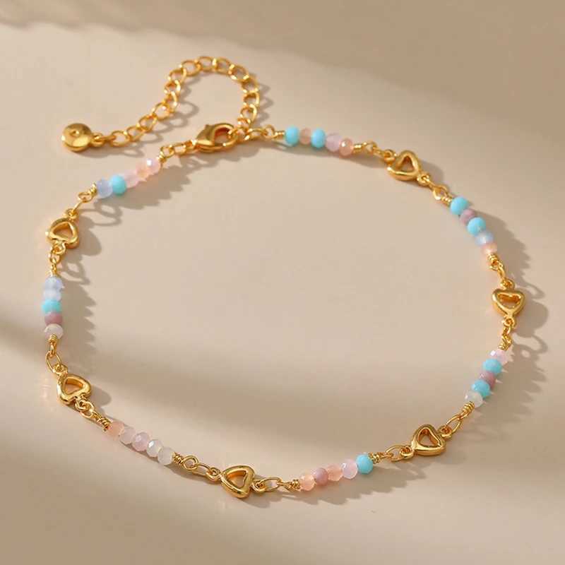 Handmade Adjustable Size Heart Chain Colored Crystal Beads Womens Anklet 18k Gold Plated Retained Fashion Jewelry Accessories W240815