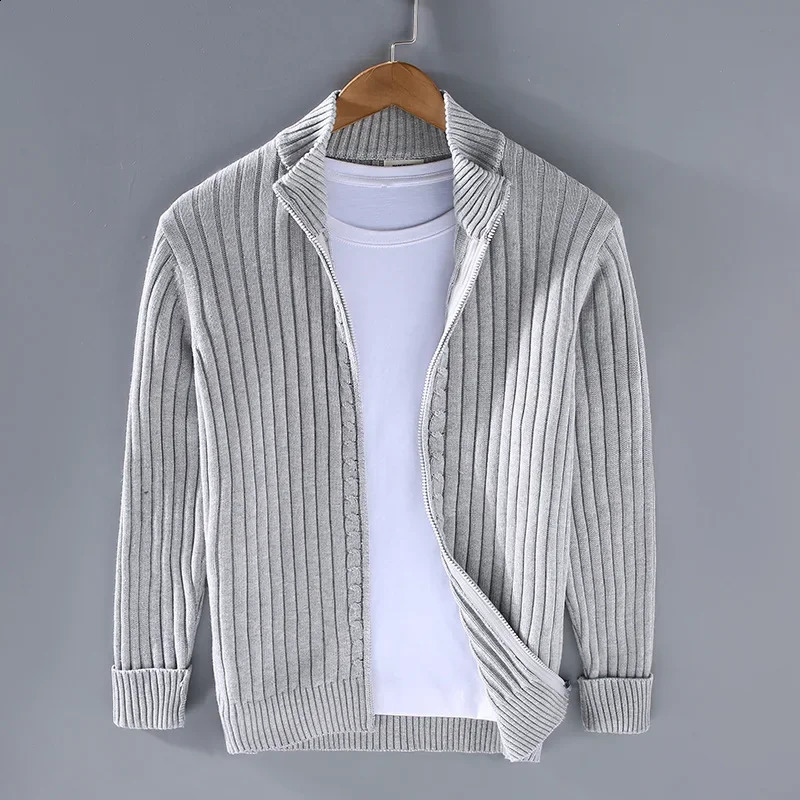 Autumn and winter mens cardigan sweater stand up collar zipper cotton 100% thick knit solid color streetwear 240819