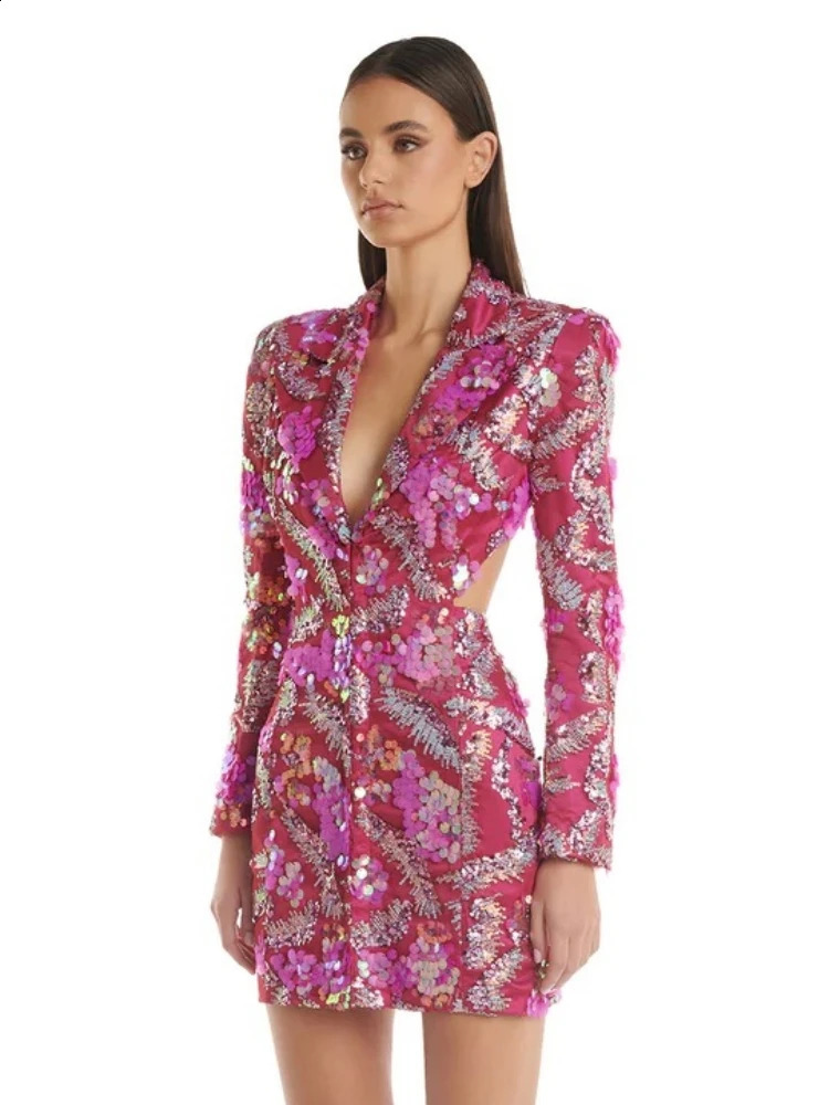 Womens Sexy Long Sleeves Sequins Mini Dress Sexy Backless Sequined Mini Bodycon Blazer Dresses Celebrity Party Evening Gowns 240819