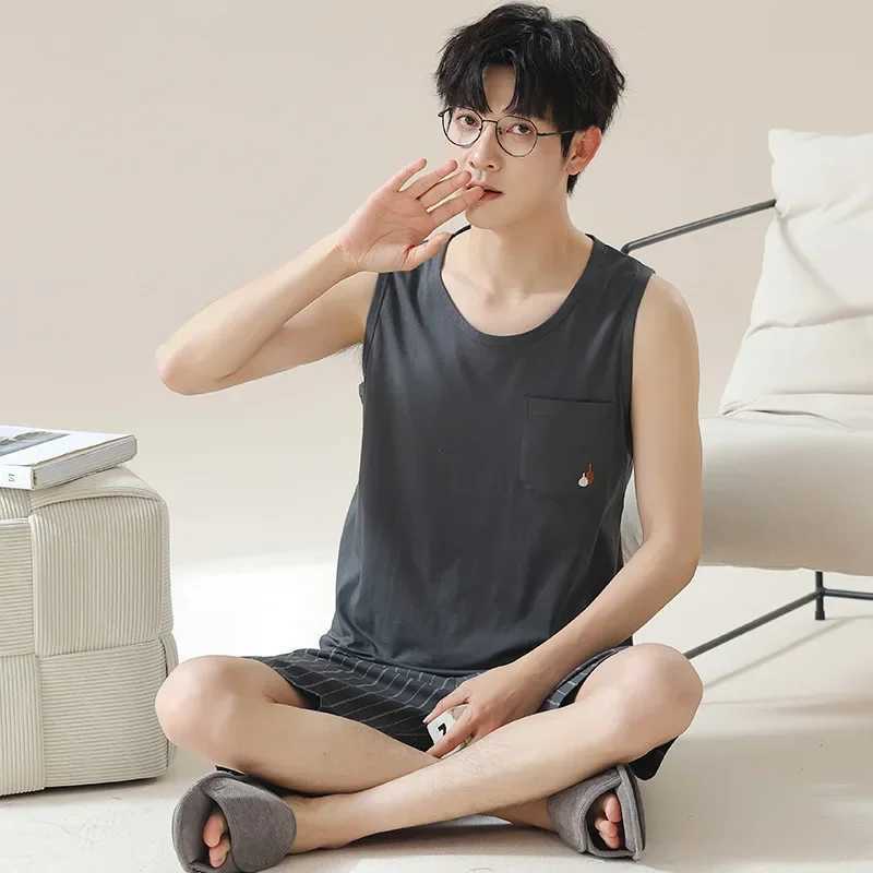 2024 New Mens Sleeveless Cotton Pajama Set Summer Casual Home Clothing Mens Tank Top Short Sleeve PajamasW240719