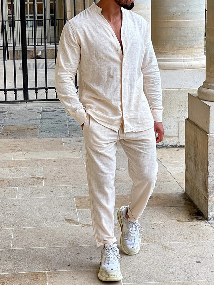2024 autumn casual mens two-piece long sleeved button up shirt top and pants set mens casual breathable cotton linen dress 240819