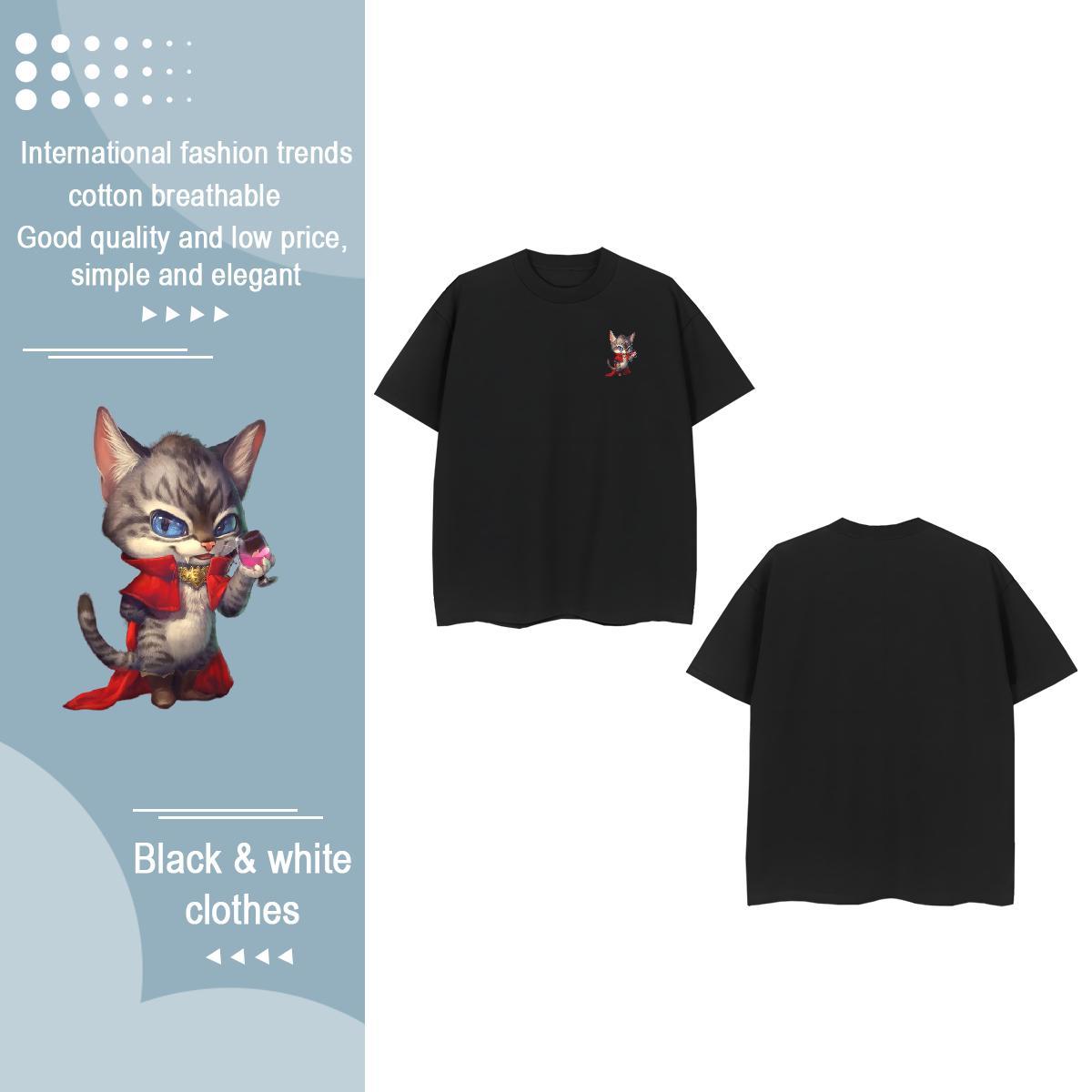 Fashion Casual Tshirts cat Beach 100% Cotton 230g Tees Shirts Round Neck Short Sleeve Free Shipping T-Shirts for Men Black White