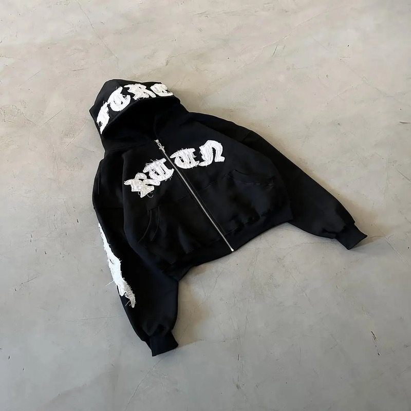 Y2k High Street Retro Harajuku Layout Large Mens Letter Embroidered Zipper Hoodie Fashion Sportswear Womens 240819
