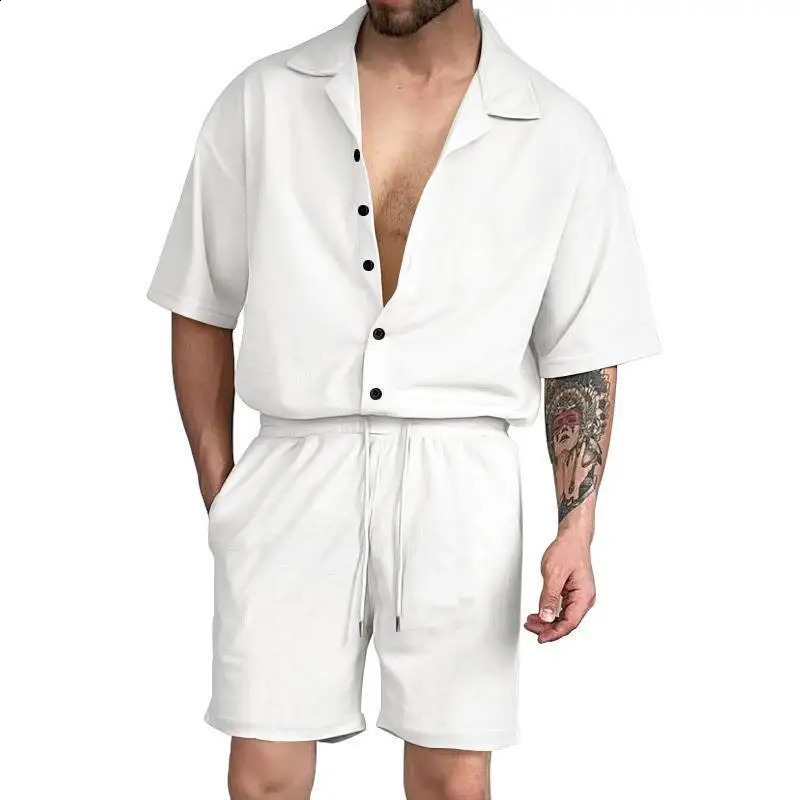 Fashion Mens Outfit Set Summer Beach Solid Short-sleeved Cardigan Shirt Shorts Suit Male Casual Suits Male Costumes Pour Hommes 240819