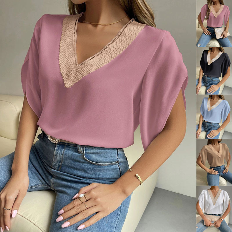 Spring/summer New V-neck Lace Solid Top Temperament Short Sleeve Chiffon Shirt for Women