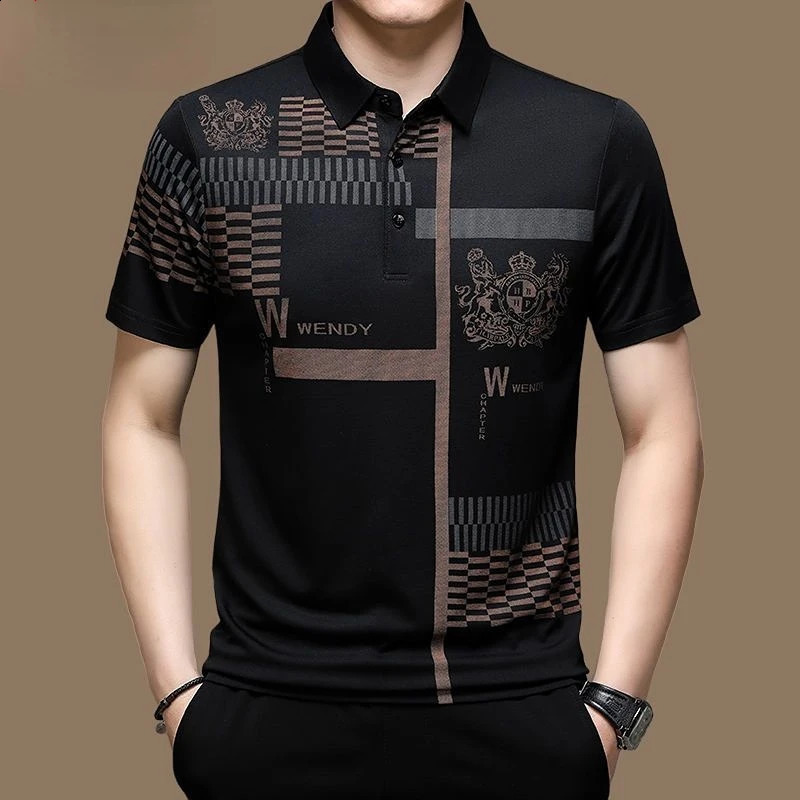 Mens Polo Shirt Business Casual Summer Short Sleeves Tops Pattern Print Button T Shirt Loose Clothes Fashion Polo T Shirt 240824