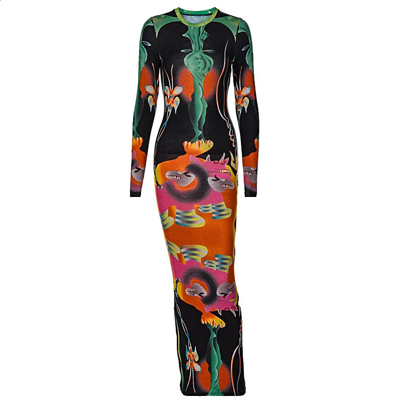 Print Long Sleeves Graphic Patchwork Sexy Slim Maxi Prom Dress Fall Women Casual Streetwear Party Y2K Clothes 240819