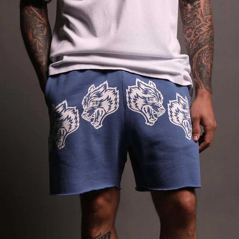 Summer new cotton casual mens five quarter pants printed Wolf head mens shorts outdoor fitness exercise pantsXJ240817