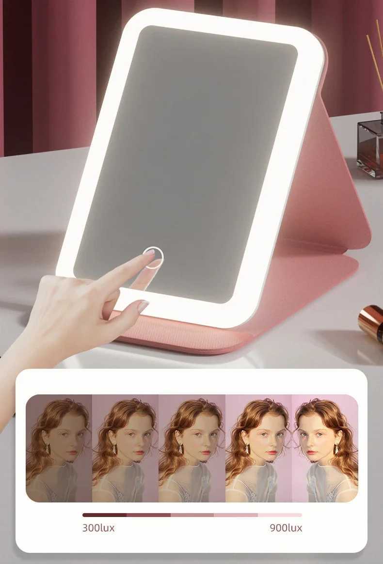 Travel Makeup Mirror Portable LED Lighted Touch Screen Vanity Lighted Mirror USB Rechargeable Tabletop Folding Cosmetic Mirror Y240819