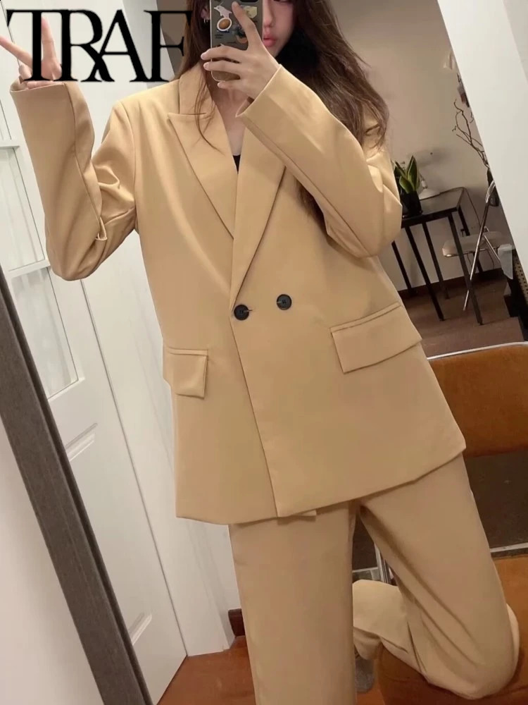 TRAF Office Womens Loose Color Jacket Summer Long Sleeve Double Chest Coat Y2k OL Top 240819