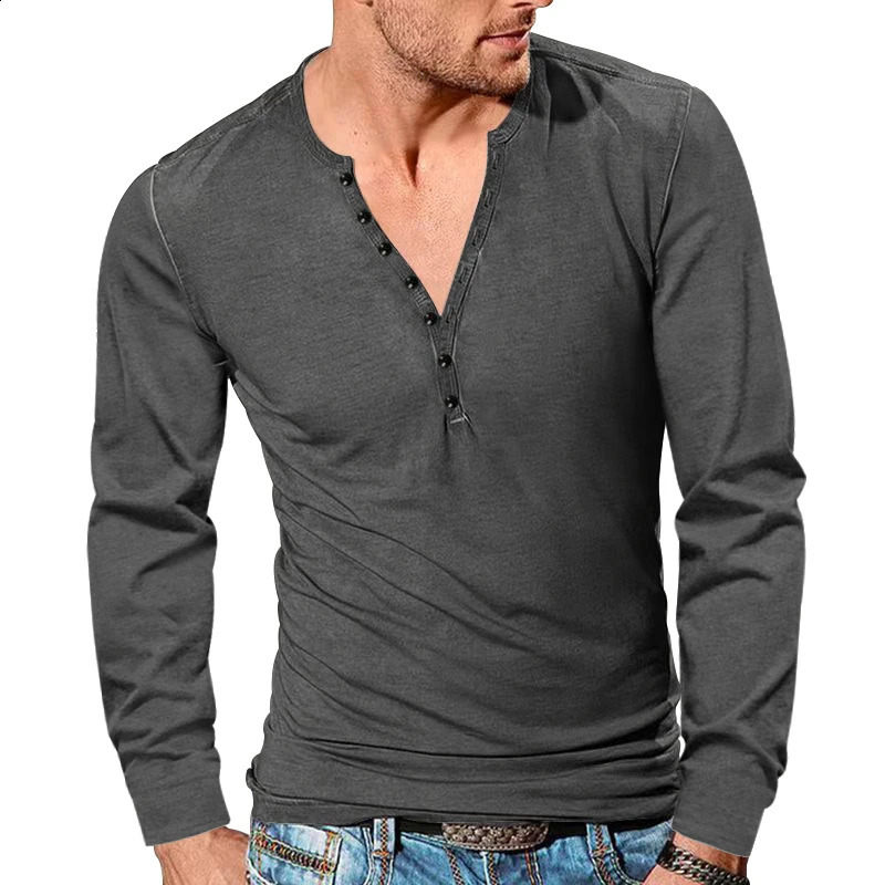 Mens Four Season Henley shirt Vintage Long Sleeve Tshirt Cross border Button VNeck Slim Solid Top 240820
