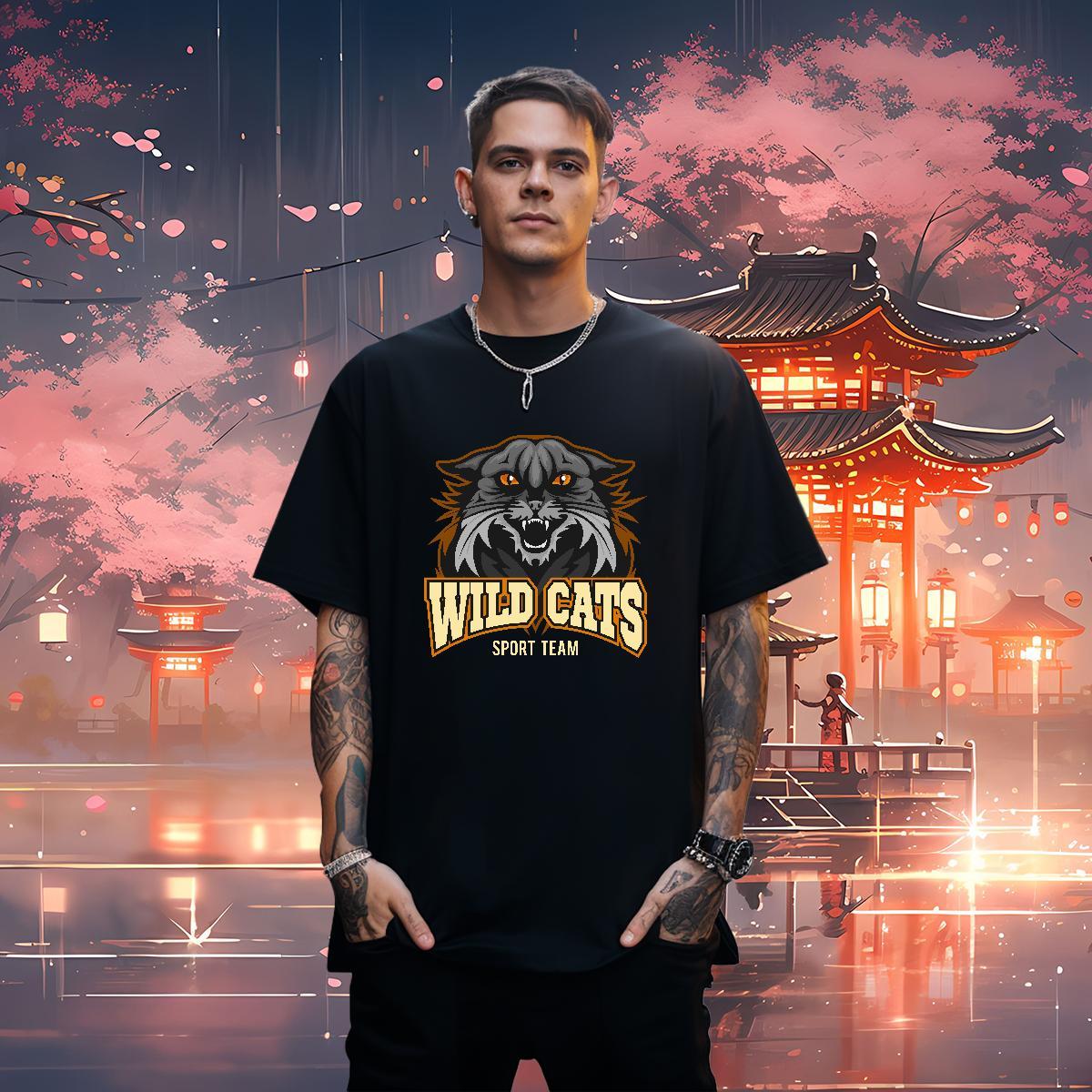 Loose Fit Man T Shirts wild cat Breathable Crew Neck Sport Custom Anime 230g 100% Cotton Men Tees Wholesale Tops Tees