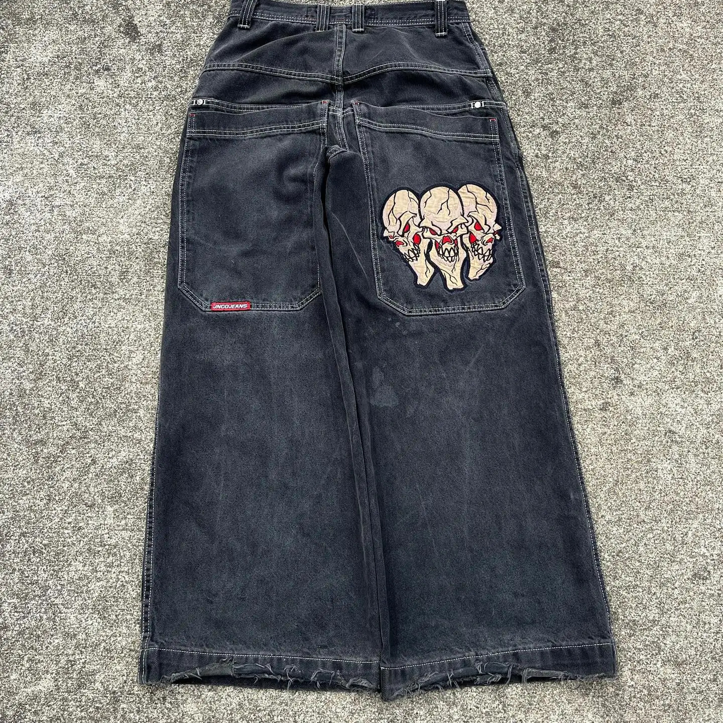 JNCO Skull Embroidery Denim Pants Vintage Graphic Print Baggy Jeans High Waist Pant For Men Wide Leg Trouser Y2k Streetwear 240819