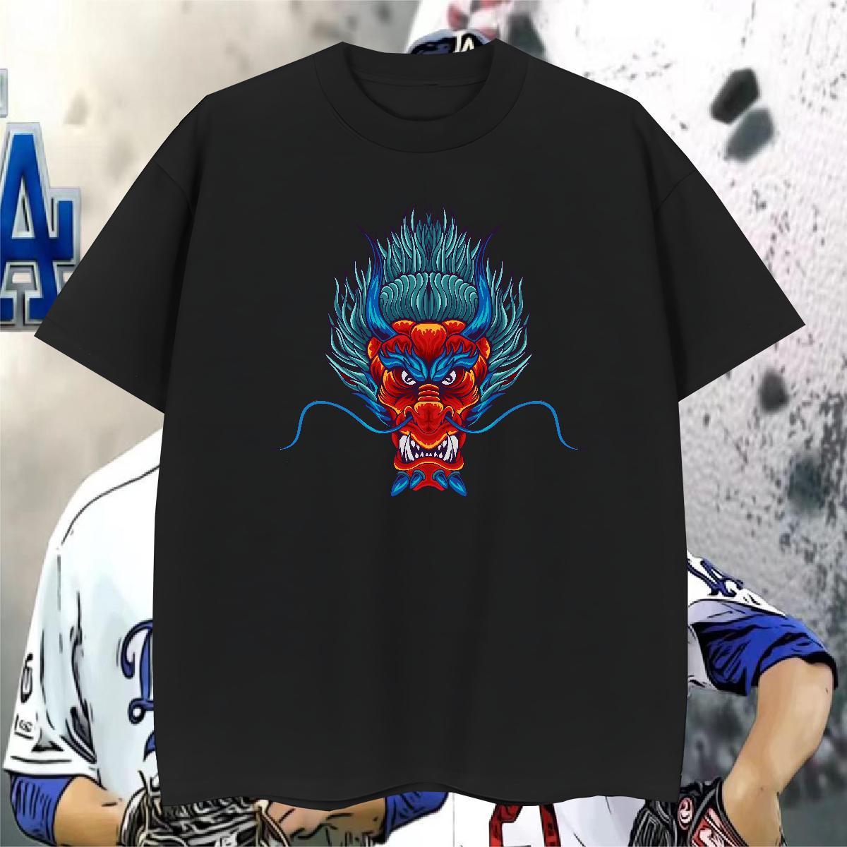 Mens T Shirts 230g Cotton dragon Street Wear Crew Neck Breathable Cartoon Print Mens Tshirts Stylist Designer Tees