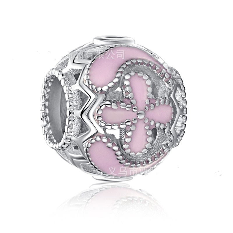 Hot Selling Best Quality Silver 100pcs / Lot Mixed European Charms Beads Pink Five Petals Flower Heart Handbag Fit Bracelet Snake safety chain DIY Cha