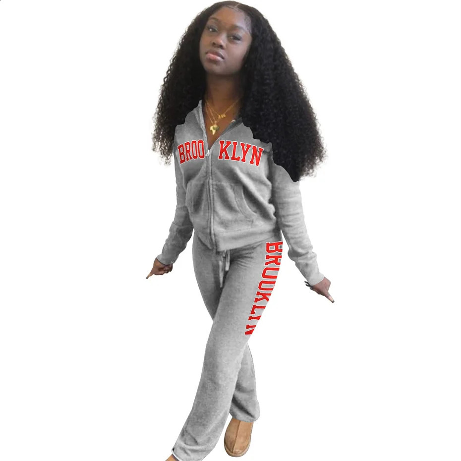 Winter Clothing Womens Letter Printing Thick Two Piece Zipper Hoodie and Flash Pants S1605 240819