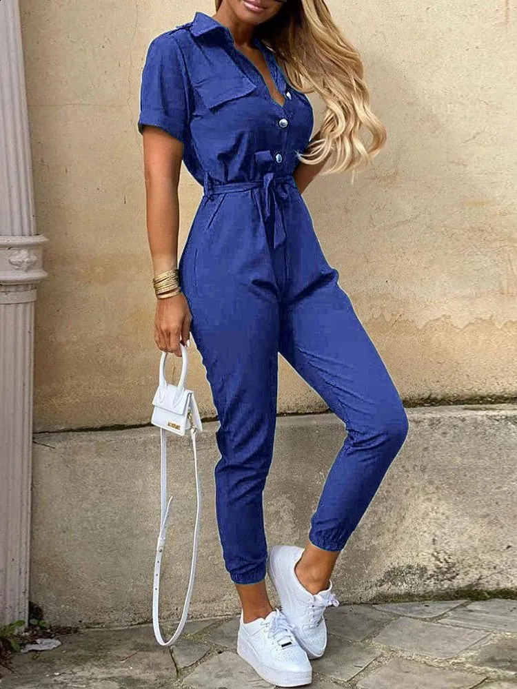 Casual short sleeved jumpsuit for office ladies in spring and summer fashionable and elegant solid lace womens jumpsuit jumpsuit 240820