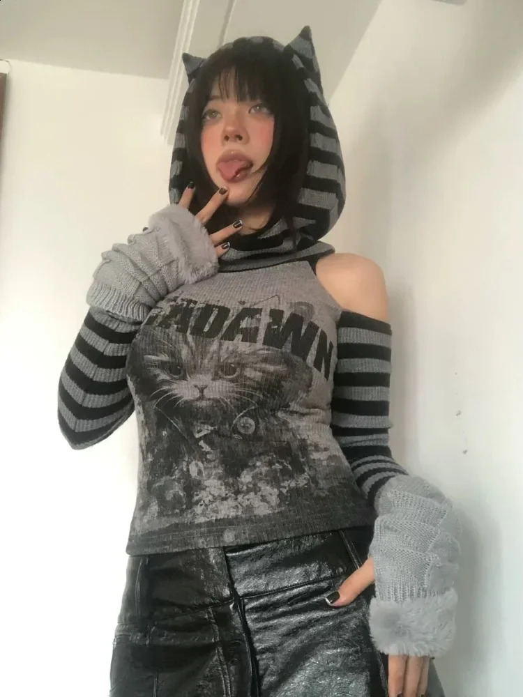 Japanese striped patch work hoodie womens Gothic retro cat print hollow weight loss pulley Harajuku style dark punk top 240819