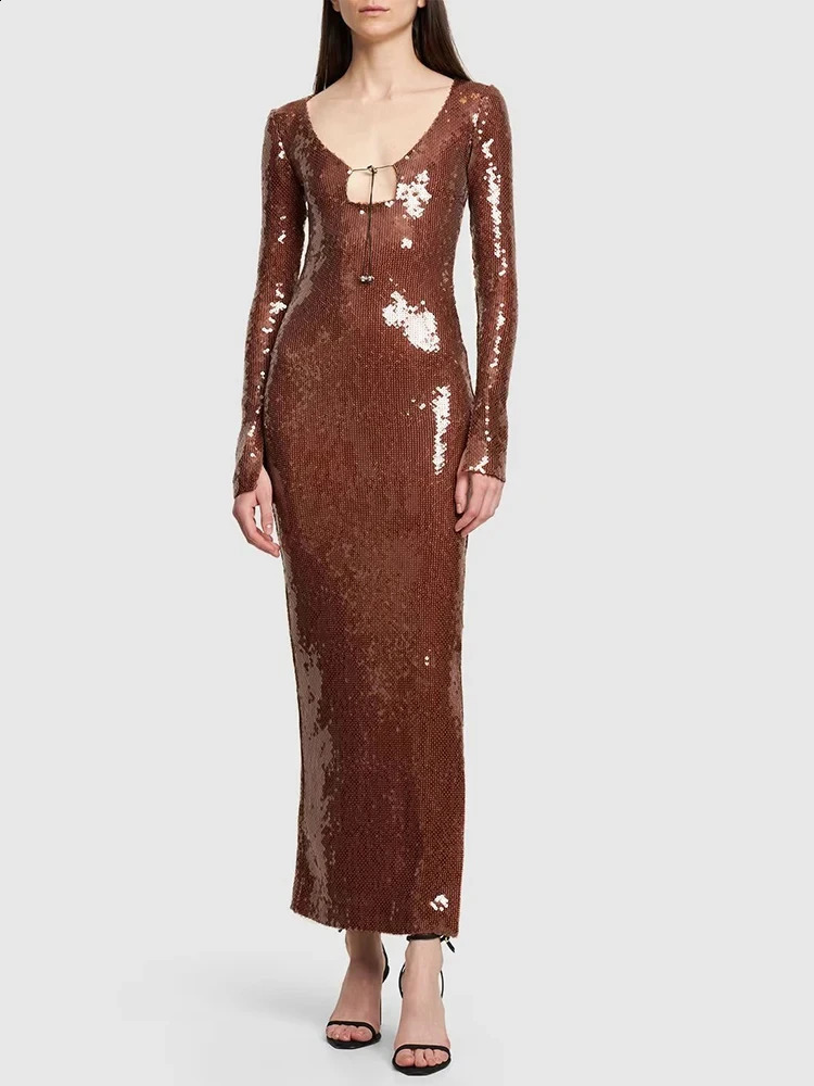 Summer Dress Women Sexy Full Sleeve Mesh Sequins Brown Bodycon Ankle Length Dress Elegant Long Evening Party Dress 240819