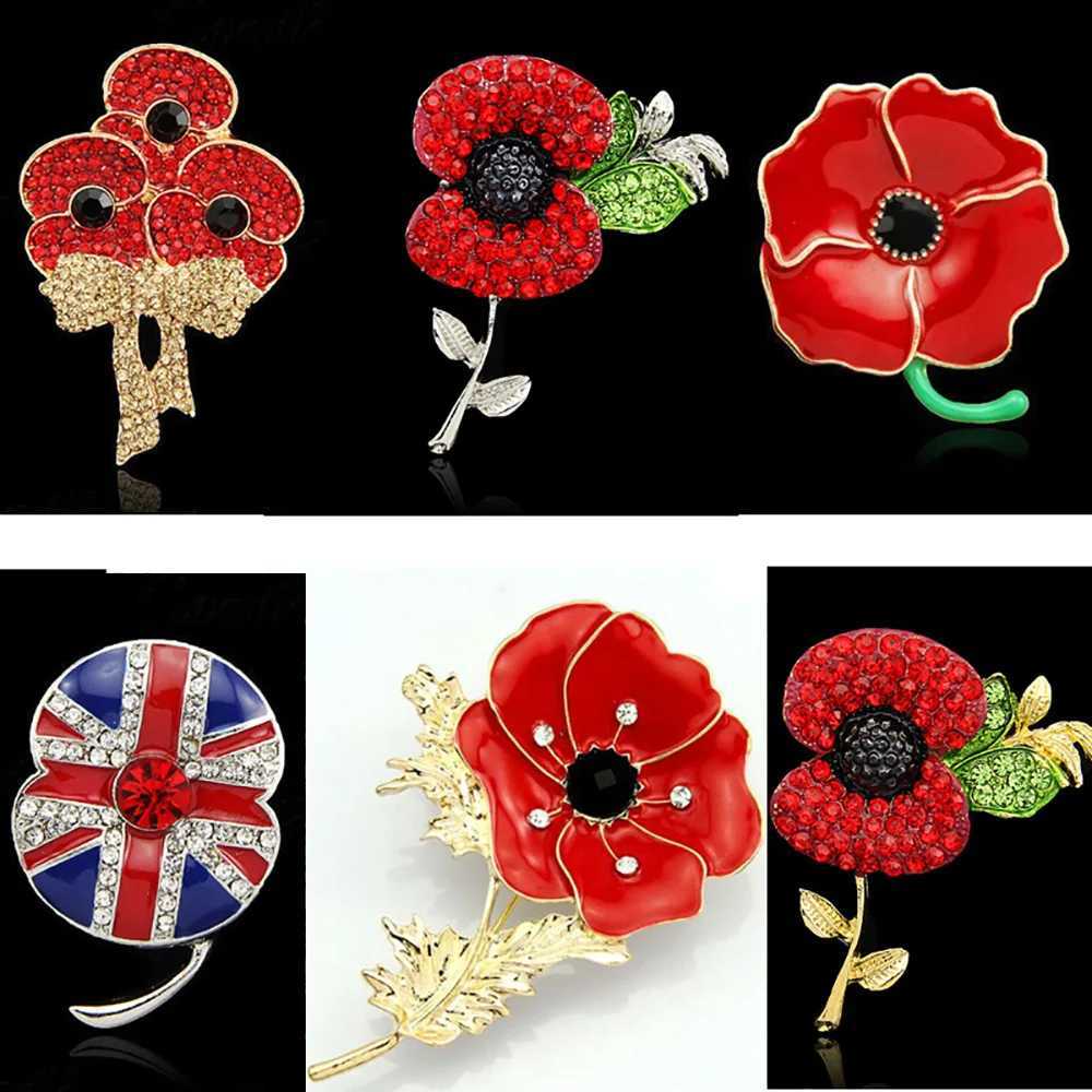 Vintage crystal sparkling rhinestone brooch red poppy flower brooch womens party jewelry gifts clothing accessories W240815