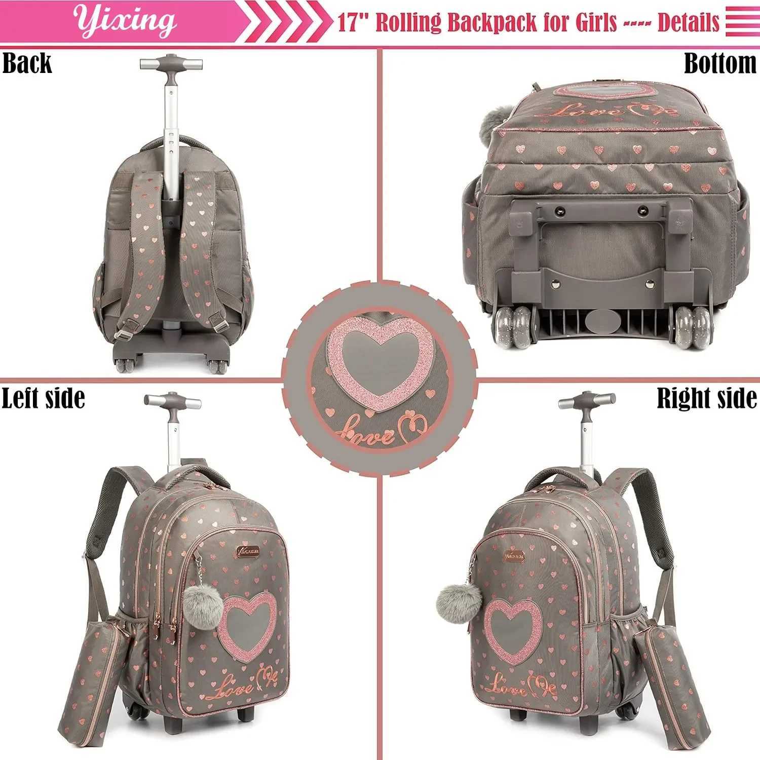 Childrens Wheeled Backpack Bag Set with Lunch Box School Rolling Backpack Bag with Wheels School Trolley Backpack Bag for Girls Y240820