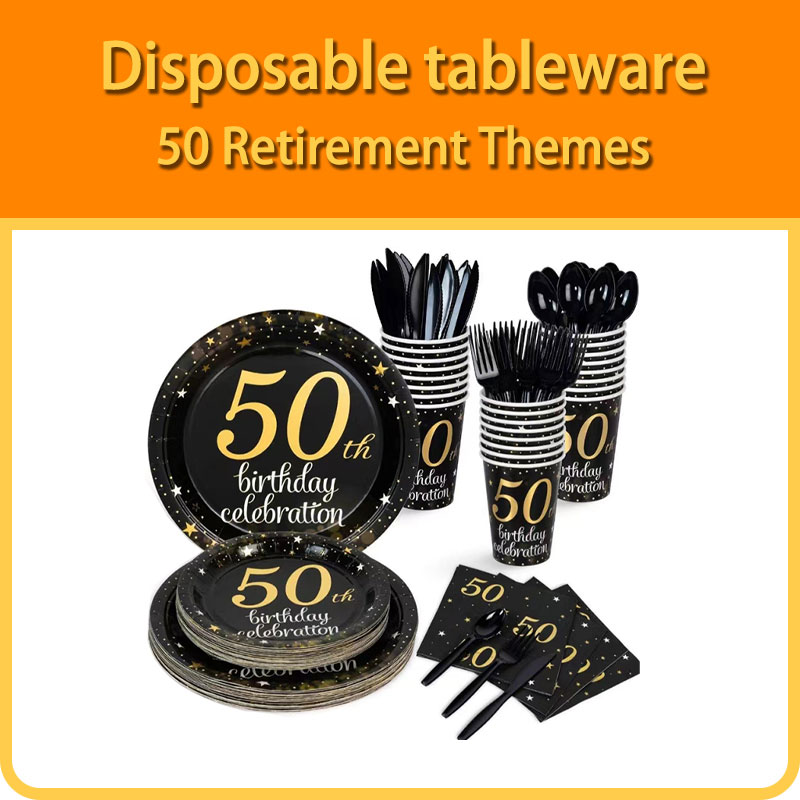 Birthday party supplies 50 retirement themed party table covers, disposable plates, napkins, paper cups