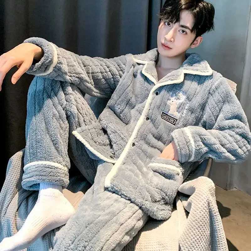 Mens Sleepwear Autumn Warm Sleepwear Set Coral Velvet Hoodie Single Chest Soft Sleepwear New SleepwearW240719