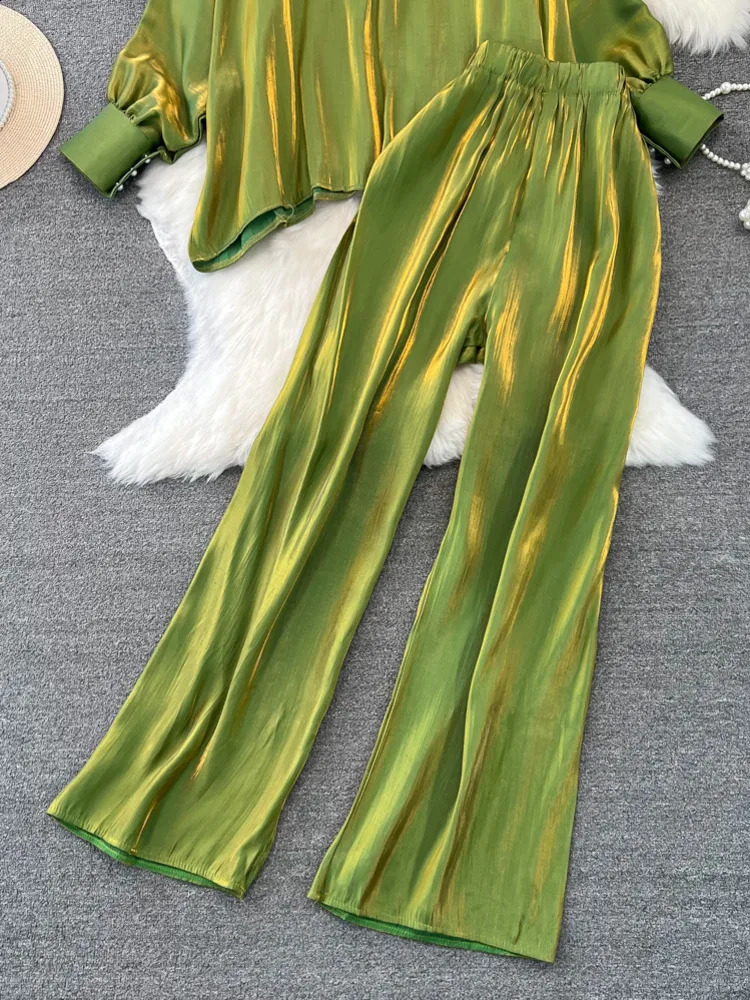 XFPV Women Loose Stand Collar Lantern Sleeve Solid Color Korean Version Coat Wide Leg Pants Two Piece Set Autumn SM9811 240820