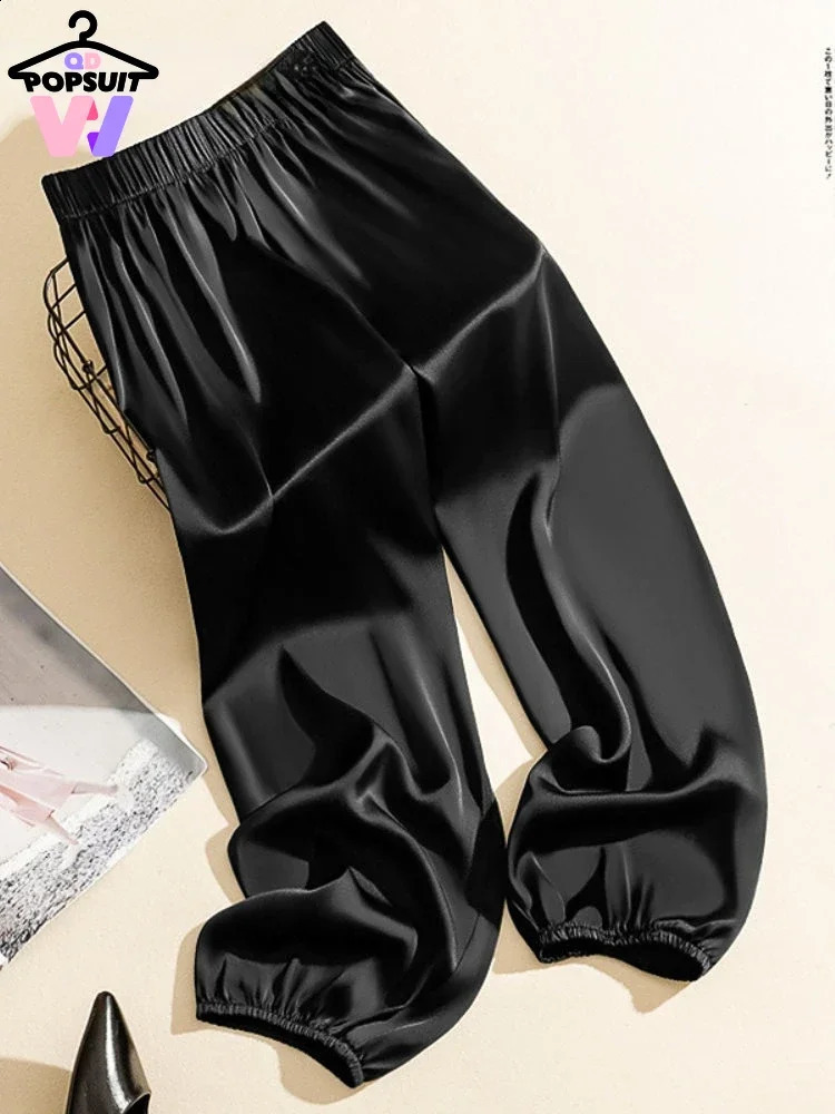 in High Waist Ice Acetate Wide Leg for Women Summer Loose Silk Satin Knickerbockers Pants Ankle Length Trousers 240820