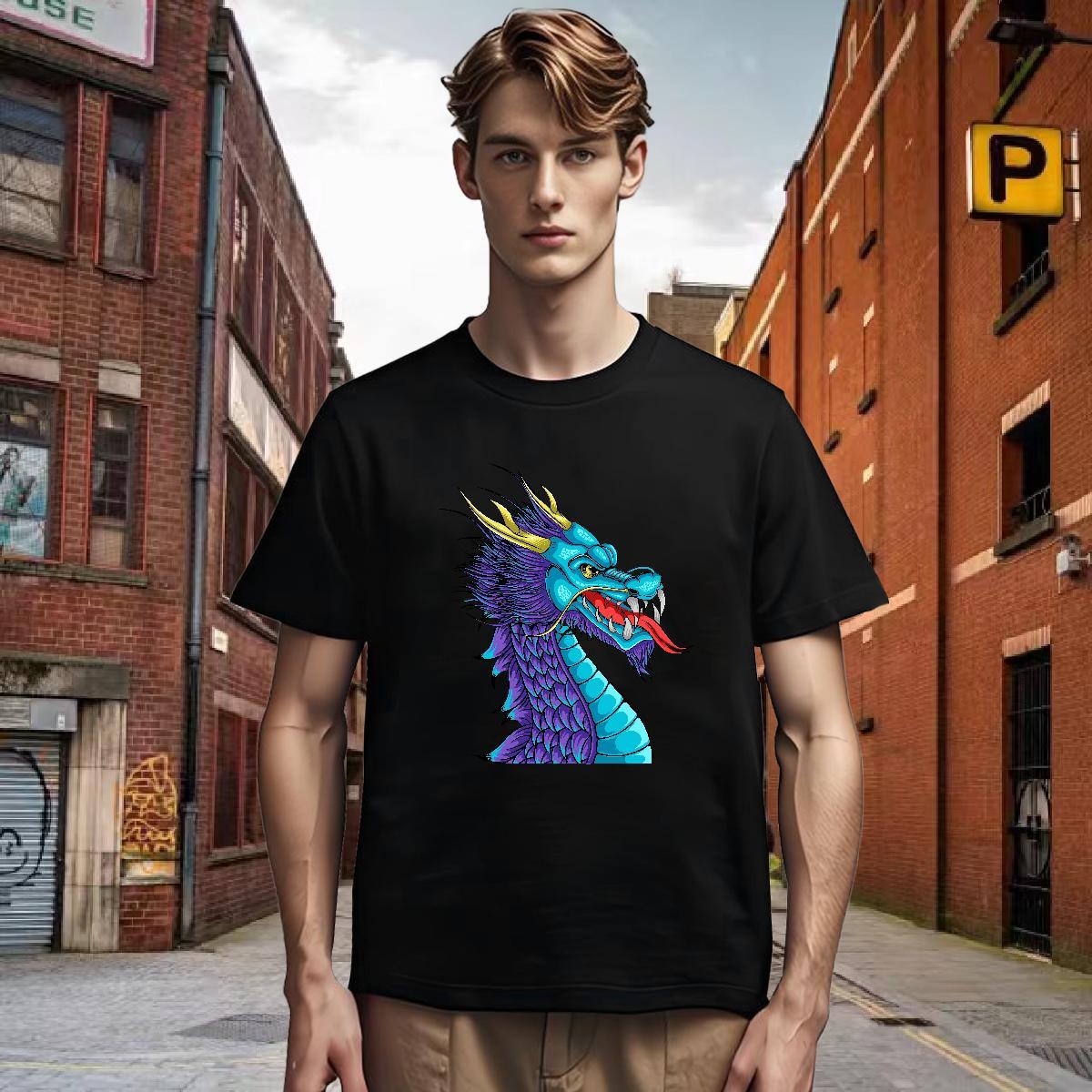 T-Shirts for Men 230g 100% Cotton dragon Anime Printing Street Breathable Crew Neck Oversized Men Tees DIY High Quality Polos