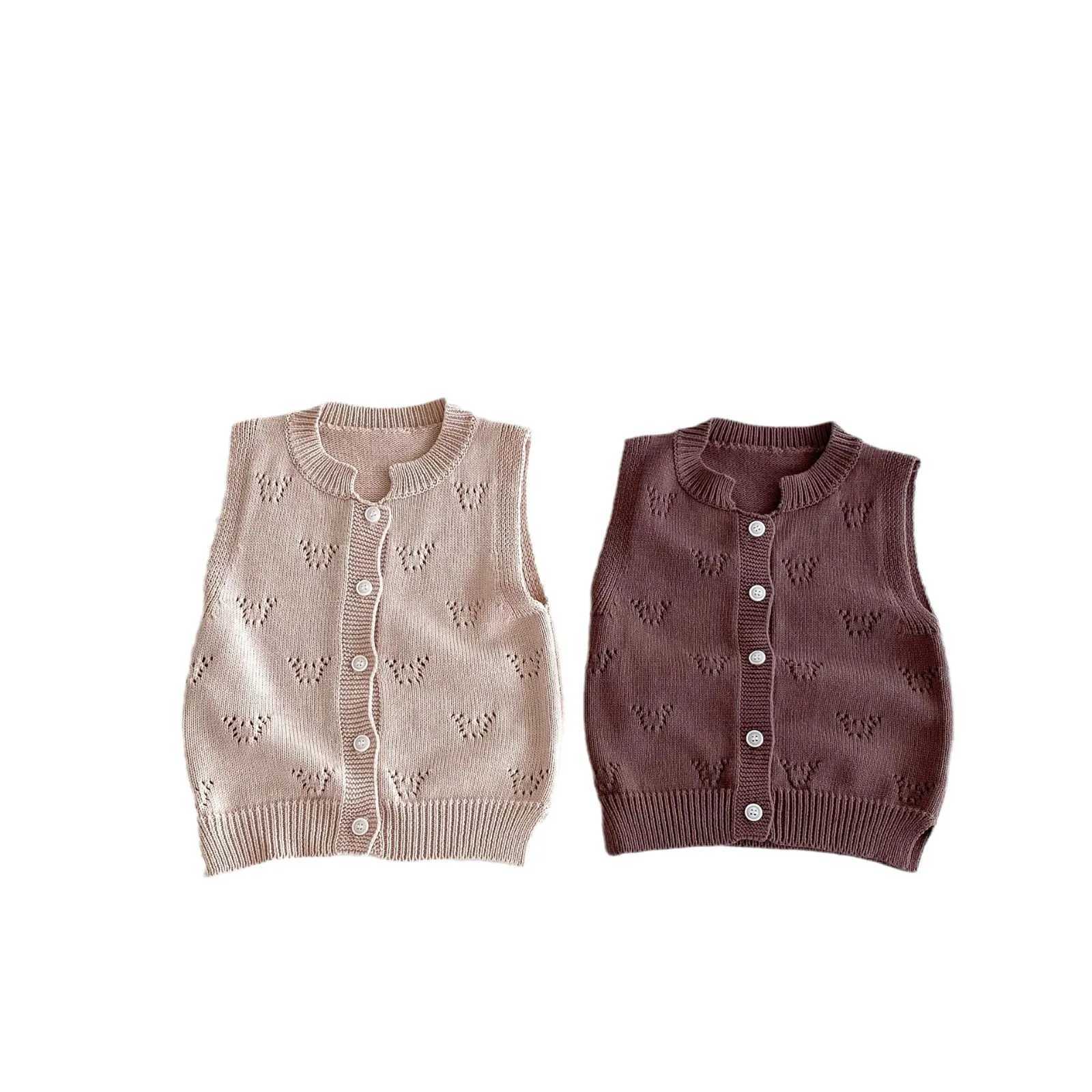 2024 Autumn New Children Vintage Knitted Vest Baby Sleeveless Sweater Coat Girls Solid Hollow Out Knitwear Kids Casual CardiganXJ240819