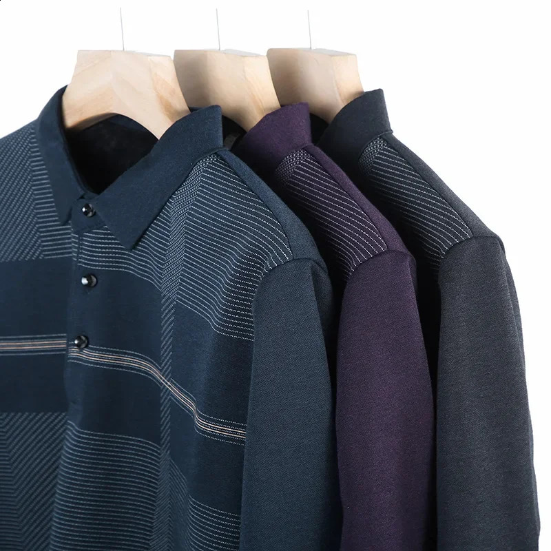Autumn Mens Long-sleeved T-shirt Loose Casual Mens Striped Lapel Polo Shirt Bottoming Shirt Mens Shirts 240820