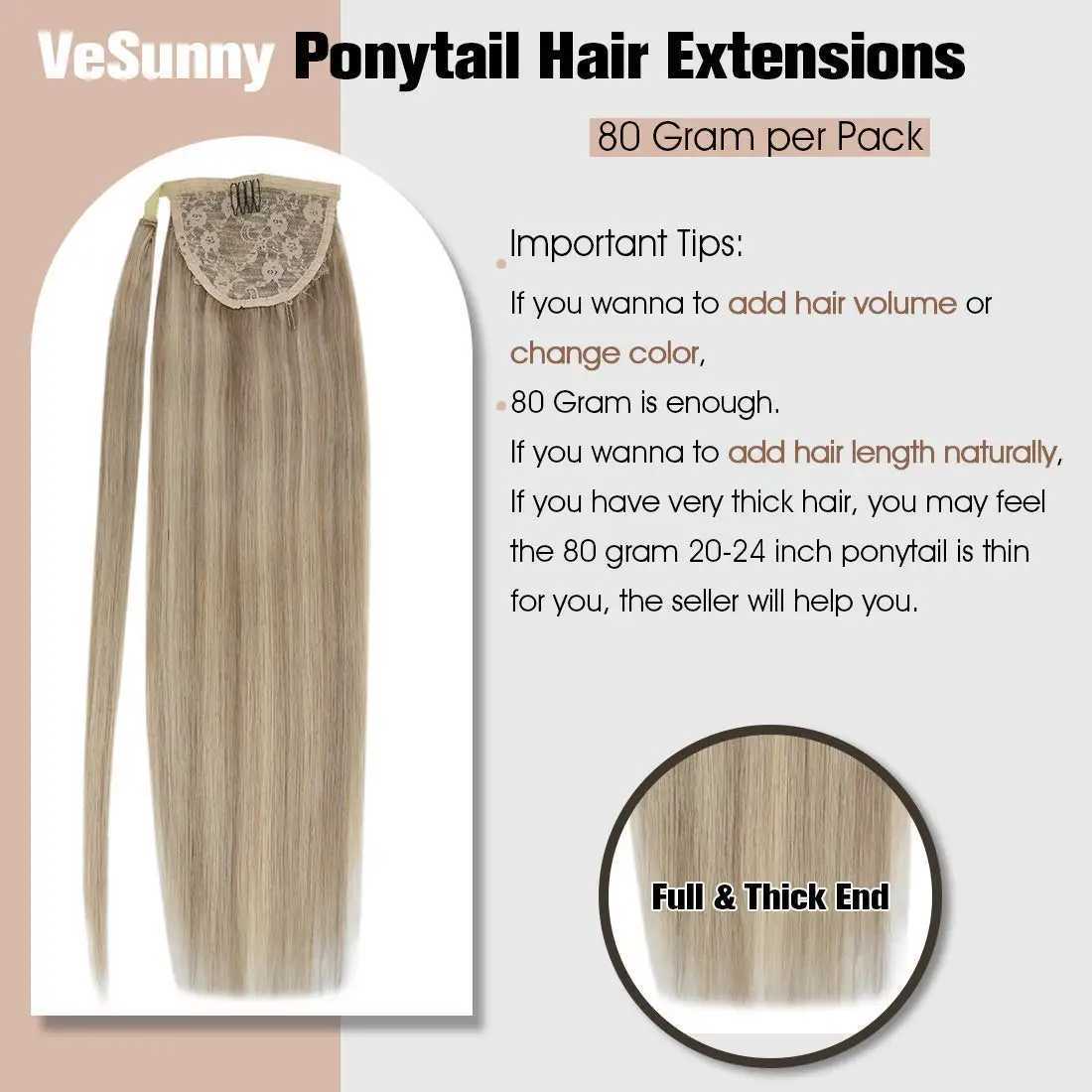 VeSunny ponytail human hair 14-22 high gloss ponytail extension 100% real human ponytail hair extension 80g/set female W240817